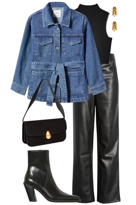 Denim And Leather Outfit, Denim Jacket With Belt Outfit, Denim Leather Outfit, Denim Jacket With Belt, Fall Outfits With Denim Jacket, Denim Belted Jacket Outfit, Belted Jean Jacket Outfit, Denim Blazer Outfits For Women, Belted Denim Jacket