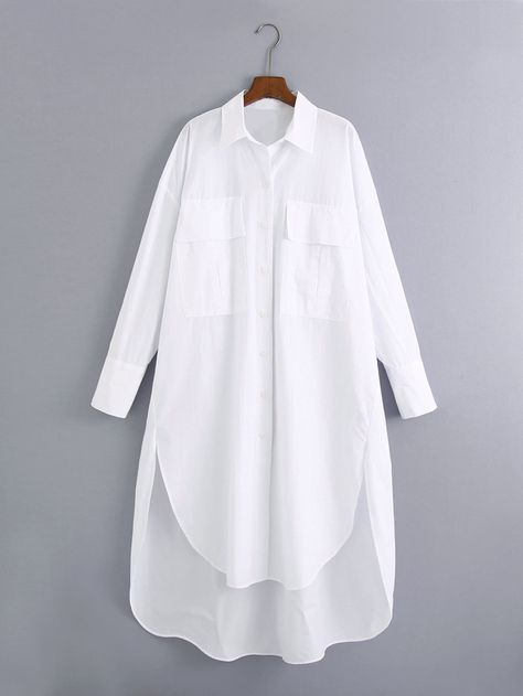 Flap Pocket High Low Shirt Dress | SHEIN USA Long Shirt Women, Estilo Hijab, Oversized White Shirt, America Outfit, White Shirts Women, Long Shirt Dress, Loose Blouse, Poplin Shirt, Long Shirt