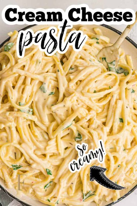 This cream cheese pasta recipe is not only easy but it's so creamy and delicious! #cream #cheese #pasta #recipe Cream Cheese Pasta Sauce, Cheesy Pasta Sauce, Recipes Using Cream Cheese, Cream Cheese Spaghetti, Creamy Chicken Pasta Recipes, Cream Cheese Butter, Cheesy Pasta Recipes, Cream Cheese Pasta, Cheese Pasta Recipes