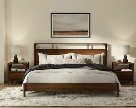 Dimensions: 85.1 W x 66.5 D x 45.1 H Weight: 143.3 lbs Leg Height: 4.90" Weight Capacity: 573.2 Lbs Platform Bed: Yes Adjustable: No Box Spring Required: No Materials: MDF, Oak, Pine, Plywood Color/Finish: Walnut Product Care: Wipe with a soft, dry cloth; avoid the use of harsh chemicals or abrasive cleaning materials. Avoid direct sunlight and heat to protect the finish. The Cali bed is crafted from solid oak wood and oak veneers. The wood is hand finished with a walnut stain, which adds a warm Dark Wood Bed Frame, Dark Wood Bed, Walnut Bedroom, Walnut Bed, Oak Nightstand, Oak Beds, Wood Bed Frame, Wood Headboard, Wood Bedroom