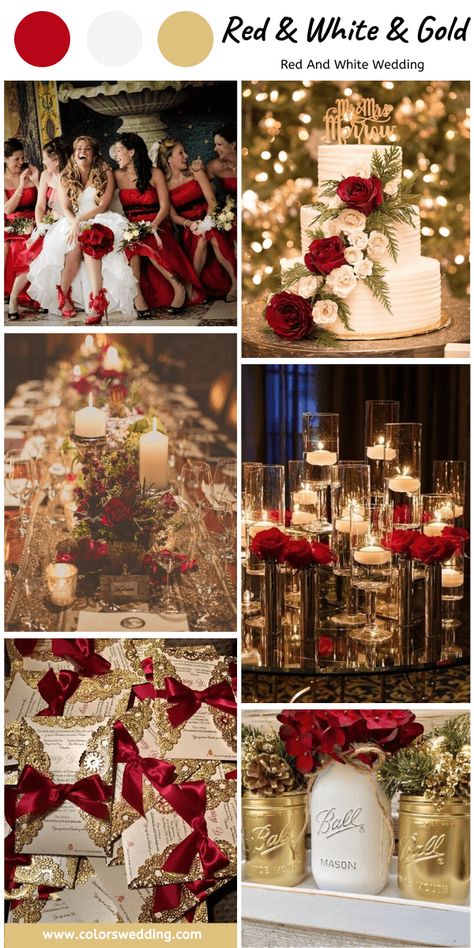 Red And Gold Spring Wedding, Red White And Gold Table Decor, Gold And Red Wedding Decorations, Red Silver Wedding Theme, Wine Red Gold And White Wedding, Red White And Gold Wedding Bouquet, Gold And Red Bridesmaid Dresses, Wedding Colors Red And Gold, Red Gold And White Wedding Theme