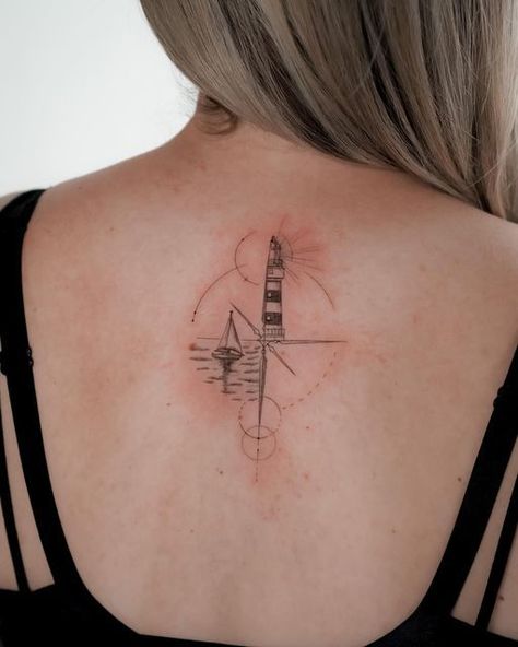 Lighthouse And Compass Tattoo, Lighthouse Tattoo Meaning, Pointillism Tattoo, Circular Tattoo, Lighthouse Tattoo, Tattoo Meanings, Whale Tattoos, Ocean Tattoos, Cool Small Tattoos