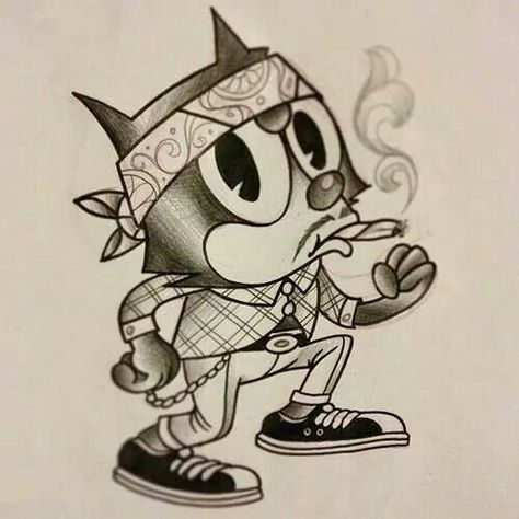 Bad ass cat lol Felix The Cat Drawing, Felix The Cat Tattoo, Gangster Cartoon, Felix Cat, Cat Lol, Gangster Drawings, Lil Homies, Chicano Love, Buddha Tattoo Design