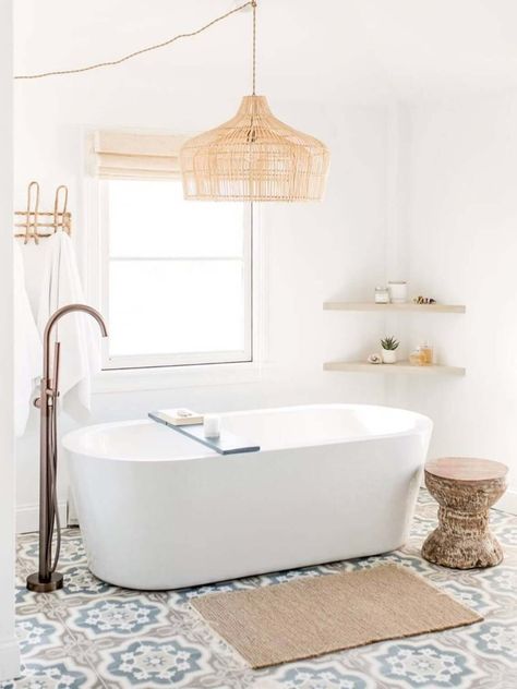 23 Best Rattan Furniture Ideas for Every Space in Your Home in 2020 Ratan Interior, Pendant Over Bathtub, Condo Toilet, Country Side Interior, Light Over Tub, Chandelier Over Tub, Gorgeous Bathroom Tile, Guest Ensuite, Spa Bathroom Design