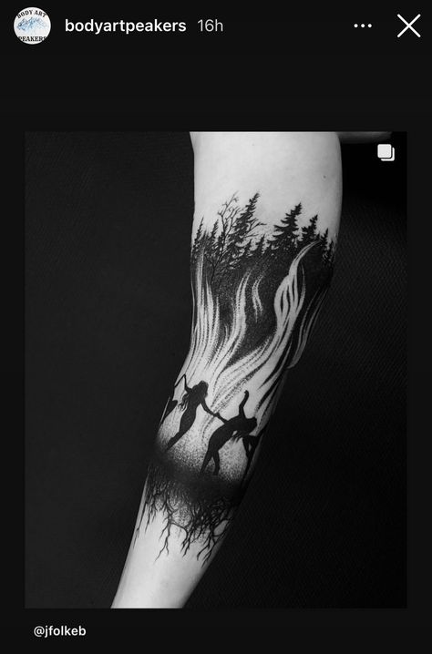 Joseph Tomanek, Witches Dancing, Wood Tattoo, Dance Tattoo, Occult Tattoo, Full Arm Tattoos, Witch Tattoo, Fire Tattoo, Creepy Tattoos