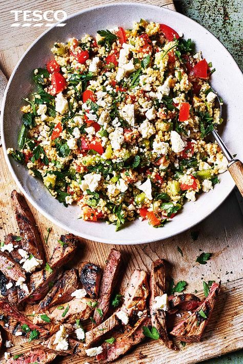 Dinner for two has never been easier with this minted lamb and couscous salad – on the table in just 15 minutes. Quickly sear minted lamb steaks and serve with a colourful couscous salad for easy summer cooking. | Tesco Lamb And Couscous, Salad To Go With Lamb, Lamb And Couscous Recipes, Lamb Salad Recipe, Lamb Couscous Recipes, Lamb Couscous, Recipes Couscous, Tesco Recipes, Fall Salads