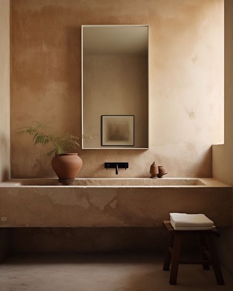 Earthy Terracotta Bathroom, Organic Minimalist Bathroom, Roman Clay Bathroom, Earthy Tone Bathroom, Bathroom Earth Tones, Moody Modern Bathroom, Earthy Bathrooms, Limewash Bathroom, Bathroom Terracotta