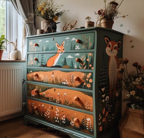 Dishfunctional Designs: Upcycled Dressers: Painted & Decoupaged Painted Wooden Drawers, Woodland Dresser Makeover, Furniture Painting Ideas Designs, Painted Dresser For Nursery, Upcycled Nursery Furniture, Cottage Core Painted Furniture, Hand Painted Dressers Diy, Hand Painted Dresser Ideas, Mushroom Dresser