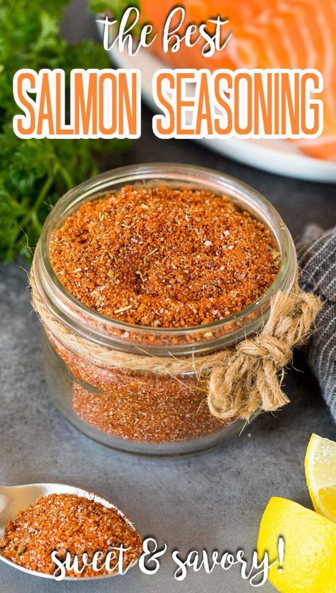 This salmon seasoning is a blend of herbs and spices that creates the perfect sweet and savory flavor for salmon and other types of seafood. Seasoning For Grilled Salmon, Marinades For Salmon Grilling, Salmon Recipes Seasoning, Seasoning For Salmon On The Grill, Seafood Spice Blend, Seasoning Salmon Baked, Grilled Salmon Seasoning Recipes, Seasonings For Fish, Fish Seasoning Recipe Spices