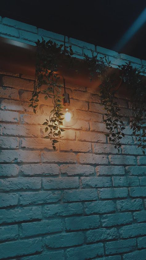 Brick Wall With String Lights, Indoor Ivy Wall, Brick Wall Office Design, Ivy Hanging Lights, Fairy Lights Brick Wall, Brick Wall Office, Ivy Wall With Neon Sign, Vines Wall Light Fixtures, Brick Wall Asthetic