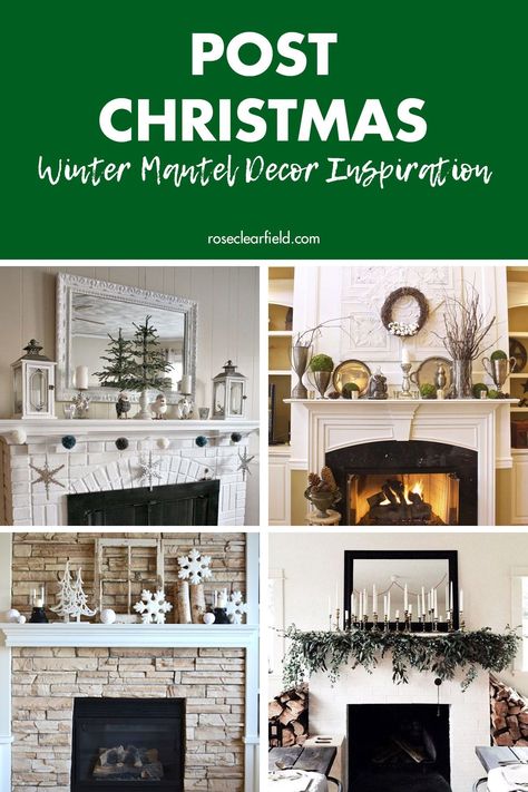 Post-Christmas winter mantel decor inspiration! Easy ways to keep decorating after the holidays. #winterdecor #manteldecor #mantelinspo Seasonal Fireplace Decor, Mantel Winter Decorating Ideas, Seasonal Mantel Decorating Ideas, Art Deco Fireplace Mantle, Winter Home Decor January Mantle Ideas, Seasonal Mantle Decor Ideas, January Mantle Ideas, High Mantel Decorating Ideas, Simple Winter Mantle Decor