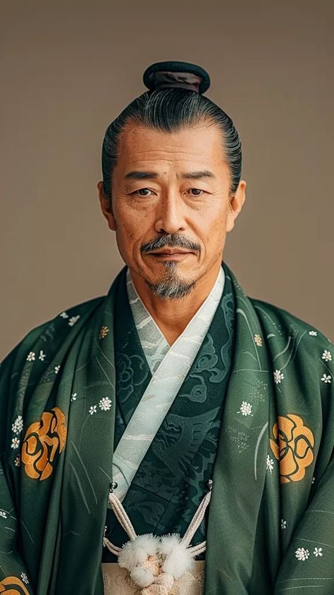 The image shows a middle-aged Japanese man with a mustache and goatee. He is wearing a traditional Japanese kimono with a green and white floral pattern ->> more details in ai-img-gen.com Middle Aged Japanese Man, Old Asian Man, Old Chinese Man, Japanese General, Japanese Old Man, Japanese Kimono Male, Traditional Japanese Wedding, 80s Japan, Mustache And Goatee