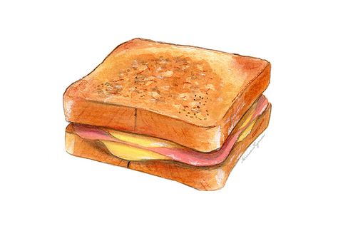 "Bikini" - ham and cheese sandwich by Miriam Figueras.  http://www.miriamfigueras.com/#/food-illustration/ Sandwich Drawing, Food Art Painting, Food Drawings, Food Artwork, Food Sketch, Food Illustration Art, Watercolor Food, Cute Food Drawings, Cute Food Art