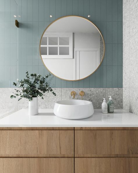 Edward Martin | Terrazzo paired with a pop of color? Yes, please! This bathroom is proof that a small space can have big impact. Featuring: - Naomi 3x12… | Instagram Organic Modern Bathroom, Glossy Ceramic Tile, Blue Subway Tile, Mediterranean Interior Design, Mediterranean Interior, Spa Like Bathroom, Blue Tile, Tile Inspiration, Blue Bathroom