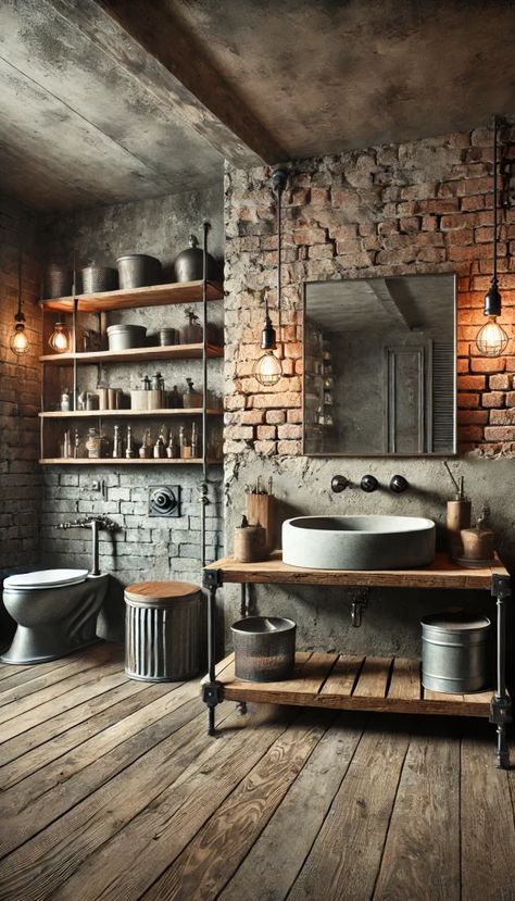 Exposed Brick Bathroom, Mediterranean Style Bathroom, Urban Bathroom, Brick Bathroom, Cozy Houses, Industrial Interior Style, Spa Inspired Bathroom, Loft Bathroom, Reclaimed Wood Shelves