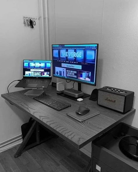 Desk Setups | Work Station on Instagram: "Today’s @thelitesetup 👨🏻‍💻 What’s your favourite part of this setup❓ Rate this 1-10! Turn on post notification 🔔 📸 : @justwowgift #ps5controller #nvidiageforce #workdesign #computersetup #gaming #ps5games #gamingmemesdaily #nvidiartx #workstation #workspace #gamingpage #gamingpcbuild#workdesign #setupinspiration #techsetup #workdesk #workstationsetup #applelife #gamingmemesdaily #appleservice #applephone #gamingtime #applephotography" Gaming Laptop Setup, Gaming Desk Setup, Computer Desk Setup, Home Studio Setup, Desktop Setup, Desk Goals, Bedroom Setup, Creative Workspace, Gaming Room Setup