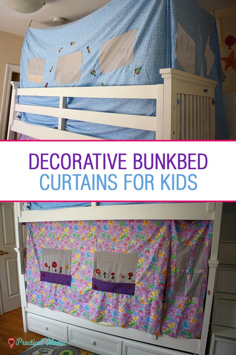 How to sew decorative bunk bed curtains for kids. You can hang curtains on the bottom and the top of the bunk bed either for fun and / or privacy. DIY bunk bed curtains turn beds into a reading nook, a fort or private quarters. For design, the limit is your or your children's imagination. Bunk Bed Tent Diy, Diy Bunk Bed Curtains, Bunk Bed Curtains Diy, Bunk Bed Fort, Bunk Bed Curtain, Bunk Bed Decor, Bunk Bed Curtains, Bunk Bed Decorating Ideas, Bunk Bed Designs For Teens