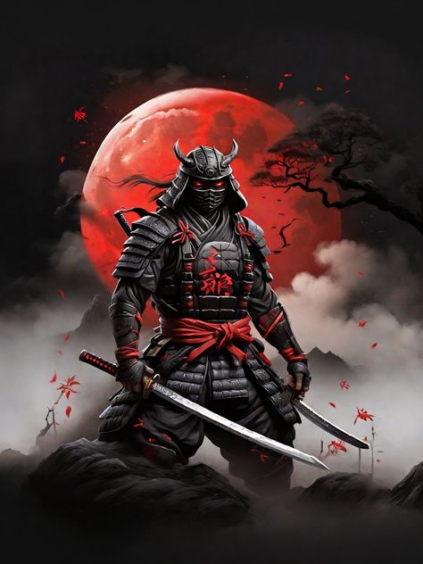 Ilustraction of ninja samurai with red moon for backro 0 Ninja Samurai, Samurai Artwork, Japanese Tattoos, Samurai Armor, Red Moon, Japanese Architecture, Cyberpunk Art, Science Art, Japanese Tattoo