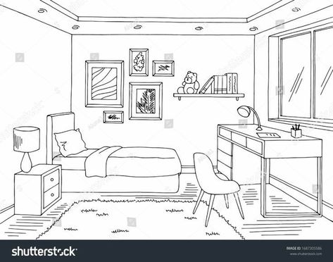 Draw Room Ideas, How To Draw Bedroom, Room Sketch Drawing, Interior Space Drawing, 3d Room Drawing, How To Draw A Room, Drawing Of Room, Room Drawing Reference, Study Room Drawing