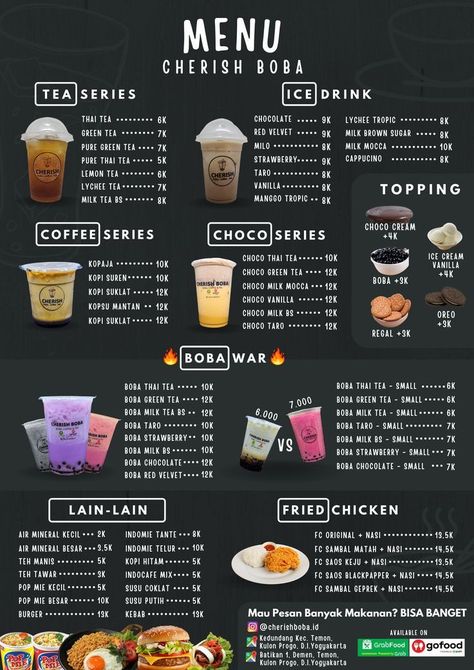 Boba Menu Design Ideas, Boba Cafe Design, Boba Tea Menu Design, Bubble Tea Ideas, Starbucks Menu Design, Menu Boba Drink, Cafe Menu Ideas Food Coffee Shop, Menu Food Design Ideas, Boba Menu Design