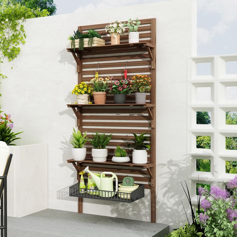 PRICES MAY VARY. 🪴【MULTIFUNCTIONAL】Our woodden planter box can be used as a plants display stand, climbing frame, storage shelves, or wall organizer. It is suitable for various outdoor locations such as balconies, patios, gardens, and courtyards, as well as other indoor spaces. 🪴【SPACE-SAVING】This trellis planter with shelves has a thickness of only 7.8". The wall-mounted design minimizes floor space usage and maximizes storage capacity, making it especially suitable for small spaces. The 3 sh Indoor Plant Wall Trellis, Balcony Herbs Idea, Balcony Shelves For Plants, Herb Garden On Deck Railing, Vines Outdoor, Porch Shelves, Balcony Ideas Apartment Pots & Planters, Raised Garden Bed With Trellis, Balcony Planter Boxes