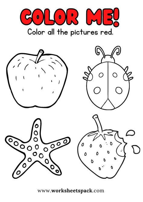 Things that are red coloring pages for kids. Red Worksheets For Preschool, Color Red Activities, Coloring Worksheets For Kindergarten, Color Worksheets For Preschool, Colors For Toddlers, Kindergarten Colors, Holiday Homework, Kindergarten Coloring Pages, Coloring Worksheets