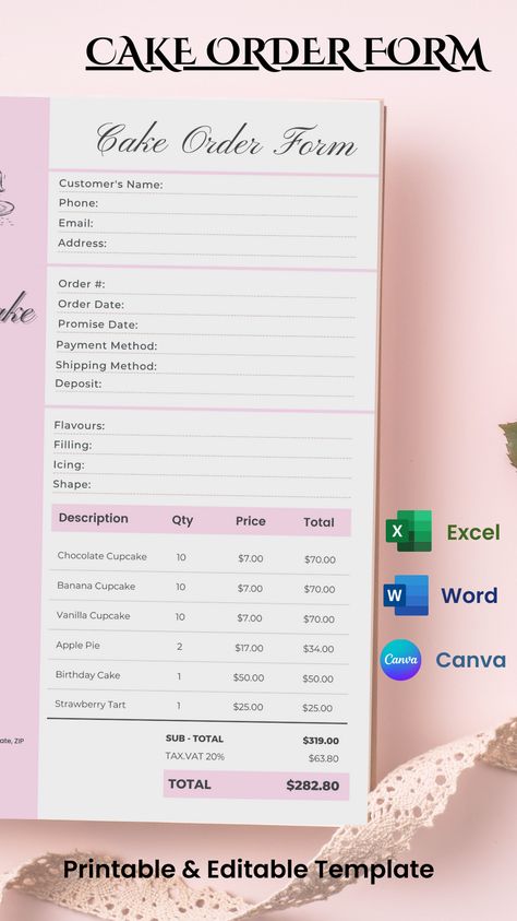 Cookie Order Form Template - home bakery and cupcake businesses - editable and printable custom order form in three formats - Microsoft Word, Excel spreadsheet and Canva. Cake Order Form Template, Cookie Order Form, Bakery Order Form, Cake Order Form, Cupcake Business, Cake Order Forms, Custom Order Form, Home Bakery Business, Business Branding Inspiration