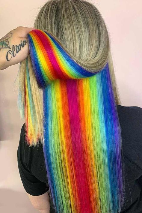 Rain Bow Hair, Rainbow Hair Styles, Peekaboo Hair Color Rainbow, Cute Hair Colors For Fall, Hidden Rainbow Hair Brown, Rainbow Undercut, Peekaboo Rainbow Hair, Rainbow Peekaboo Hair, Rainbow Underneath Hair