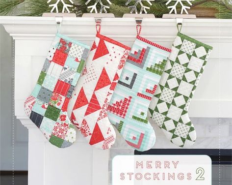 Merry Stockings 2 Quilt Pattern TBL256 Quilted Christmas - Etsy Christmas Tree Quilted Table Runner, Patchwork Stocking, Thimble Blossoms, Quilted Stocking, Stocking Template, Christmas Stockings Sewing, Moda Fabric Collections, Camille Roskelley, Fall Quilt Patterns