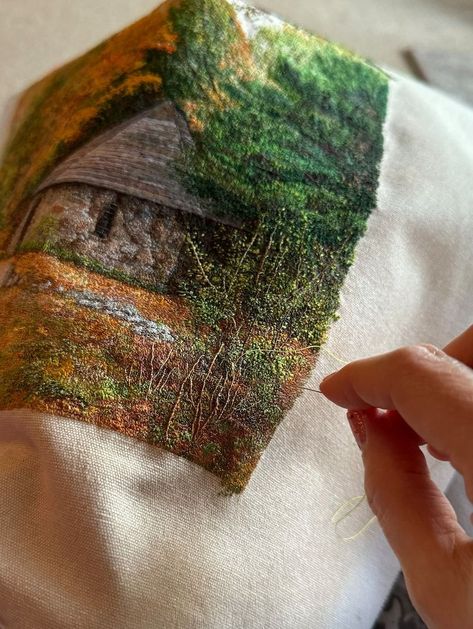 Columcille Megalith Park, Hand Realistic Embroidery Picture, Unique Embroidery Style, Landscape, Autumn, Collectable Art - Etsy Saudi Arabia Embroidery On Colored Fabric, Embroidery Art On Clothes, Large Embroidery Patterns, Embroidery Realistic, Unique Embroidery Ideas, Layered Embroidery, Unique Art Styles, Realistic Embroidery, Autumn Embroidery