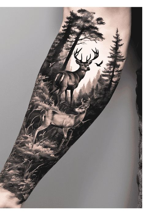 Mens Wilderness Tattoo, Tattoo Ideas For Outdoorsmen, Deer In The Woods Tattoo, Woodsy Tattoos Men, Deer Tattoo Men Forearm, Woodland Scene Tattoo, Wildlife Leg Sleeve Tattoo, Hunting Scene Tattoo, Unicorn Tattoo For Men