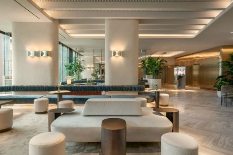 Zebulon Perron designs "sensual" areas at Montreal's Four Seasons hotel White Terrazzo Floor, Curved Banquette, Brown Leather Chairs, Herringbone Wood Floor, Terrazzo Floors, Airport Lounge, Lobby Lounge, Hotel Lounge, Bar And Restaurant