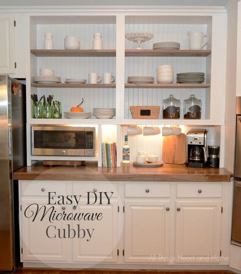 Hometalk :: "Built-In" Cupboard W/ a Microwave Cubby! Microwave Cubby, Small Wall Oven, Microwave Cabinet, Built In Cupboards, Open Cabinets, Wood Countertops, Trendy Kitchen, Kitchen Shelves, Kitchen Pantry