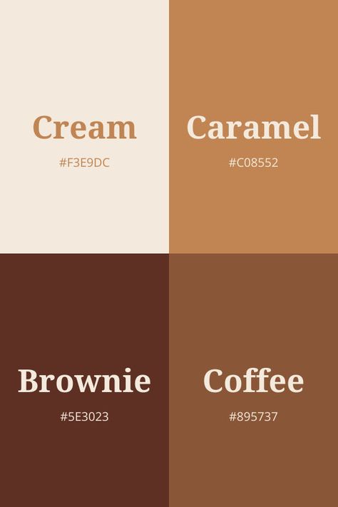 An image displaying a warm brown color palette with four shades: Cream (#F3E9DC), Caramel (#C08552), Brownie (#5E3023), and Coffee (#895737) Cozy Colour Scheme, Canvas Color Codes Fall, Brown Aesthetic Colour Palette, Caffe Color Palette, Brown Hues Colour Palettes, Canva Brown Palette, Caramel Brown Color Palette, Copper And Cream Color Palette, Honey Brown Color Palette