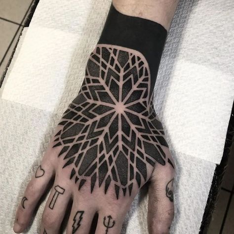 Quirky Tattoos, Hand Tattoo Cover Up, Geometric Tattoo Hand, Hand Tattoos For Men, Tiger Hand Tattoo, Mandala Tattoo Men, Cover Up Tattoos For Men, Knee Tattoos, Mandala Hand Tattoos