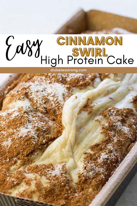 Looking for a dessert that you don't have to feel guilty about? Here is an easy cinnamon swirl high protein cake that is full of swirls of cinnamon sugar topping, and decadent cake. The high protein will leave you feeling full and help regulate blood sugars instead of a sugar spike with a classic cake. High Protein Fall Dessert, High Protein Birthday Cake, Less Sugar Desserts, Cinnamon Desserts Healthy, High Protein Desserts Low Calorie, Low Cal High Protein Dessert, High Protein Low Sugar Desserts, High Protein Low Calorie Desserts, High Protein Sweets