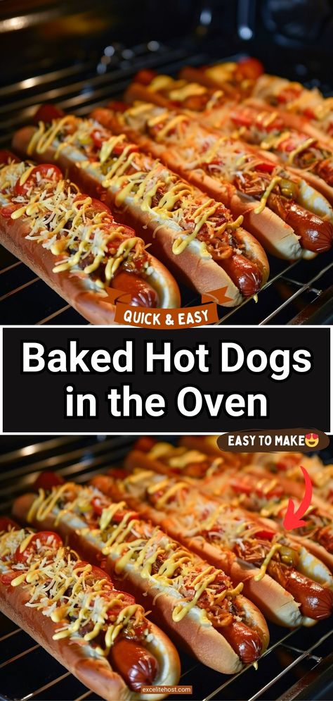 Ingredients: 8 hot dogs 8 hot dog buns 1/2 cup ketchup 1/2 cup mustard 1/2 cup relish 1 onion, finely chopped Optional toppings: sauerkraft, jalapeños, Baked Hot Dogs In The Oven, Bake Hotdogs In Oven, Oven Baked Hot Dogs, Baked Hotdogs In The Oven, Bacon Wrapped Hot Dogs In Oven, Oven Baked Hotdogs, Hotdogs In Oven, Hot Dogs In Oven, Hot Dogs And Potatoes Recipe