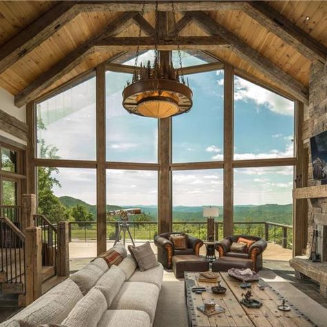 Looking for a mountain home with a 272-acre backyard? Welcome to your new home in stunning Western North Carolina. Wood Cabins, Boone Nc, Rustic Home Design, Mountain Home, House Goals, Cabin Homes, Large Living Room, Log Homes, Ranch House