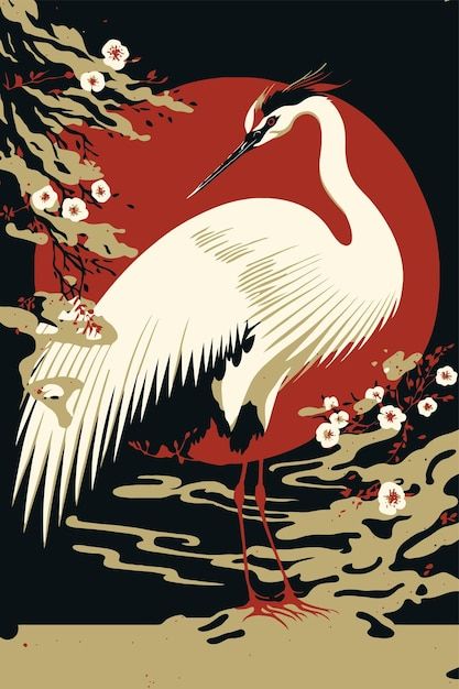 Japanese crane bird illustration in vect... | Premium Vector #Freepik #vector #japanese-art #japanese-crane #japan-art #oriental-painting Crane Bird Illustration, Crane Drawing, Vintage Asian Art, Japanese Bird, Japanese Art Styles, Japanese Crane, Asian Painting, Laser Art, Crane Bird