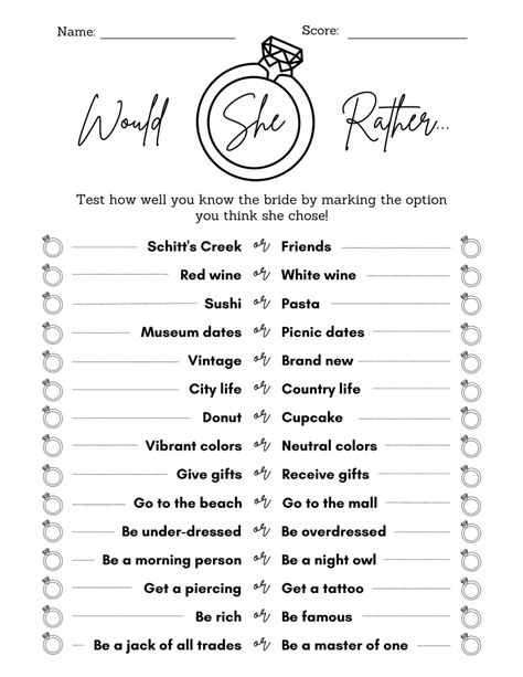 Bridal Shower Game Questions, Bridal Shower Question Game, Custom Water Bottle Labels, Game Questions, Would She Rather, Fun Card Games, Picnic Date, Bridal Shower Game, Bridal Shower Games