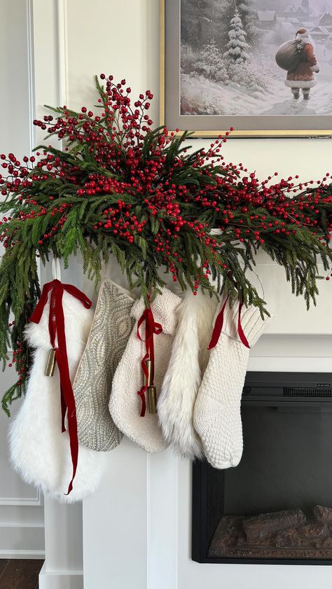 Instagram Christmas Decor Pops Of Red, Frosted Berry Christmas Tree, Mulberry Christmas Decor, Christmas Tree Cranberry Garland, Pop Of Red Christmas Decor, Red And Neutral Christmas Decor, Diy Red Berries Christmas Decor, Red Brown Christmas Decor, Minimal Red Christmas Decor