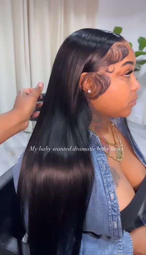 Frontal Buss Down, Long Lace Front Wig, Side Part Wig Dramatic Edges, Black Wigs For Black Women Middle Part, Middle Part Edges Wig, Middle Part Frontal Wig Fluffy Edges, Lace Front With Edges, Lace Frontal Sew In Hairstyles, Black Lace Front Wigs Styles