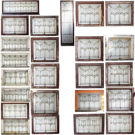 Set of 24 American Prairie School Stained and Leaded Glass Windows American Prairie, Craftsman Windows, Frank Lloyd Wright Stained Glass, Leadlight Windows, Antique Stained Glass Windows, Prairie School, Loft Stairs, Leaded Glass Windows, Antique Windows