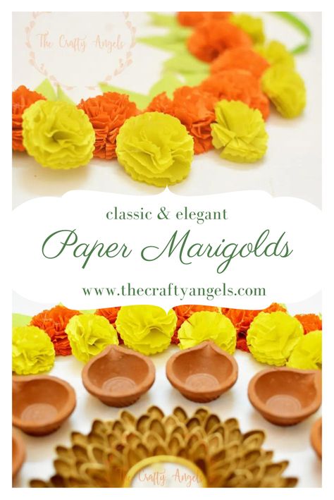 Make these paper marigold flower with your kids as a fun diwali festive day activity. You can decorate your pooja thalis and rangolis with these faux paper marigold flowers. Marigold Flower Garland, Marigold Flowers, Diwali Decor, Diwali Craft, Diwali Diy, Festive Crafts, Festive Decoration, Marigold Flower, Flower Garland