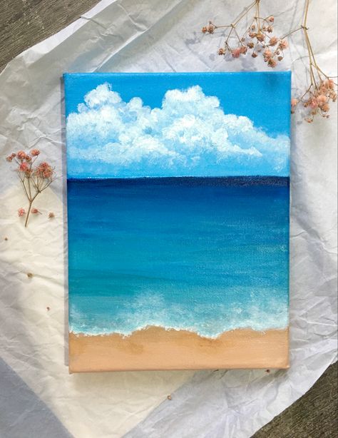 #acrylicart #acrylic #beachpainting #art #artwork #artist #aesthetic #artistsoninstagram Easy Acrylic Tutorial, Beach Simple Painting, Acrylic Paint Scenery, Easy Paintings Beach, Acrylic Painting Ideas Beach, Ocean Painting Acrylic Easy, Canvas Painting Ideas Beach, Ocean Aesthetic Painting, Easy Beach Painting For Beginners