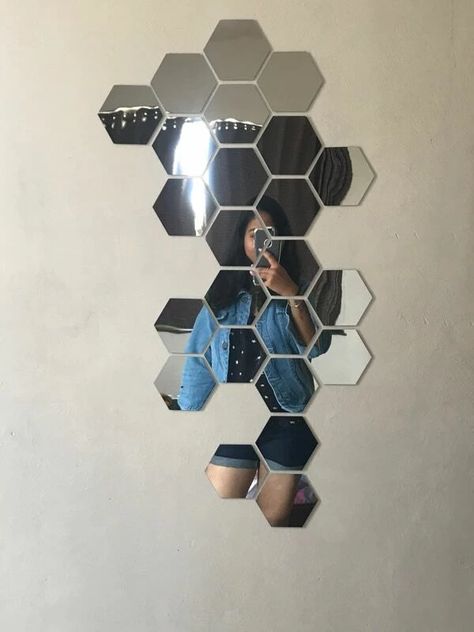 Wall Mirror Stickers, Hexagonal Mirror Wall, Hexagon Mirror Design, Honey Comb Mirror Wall Decor Ideas, Hexagonal Mirror, Hexagon Mirror Wall Decor Pattern, Hexagon Mirror Wall Decor Ideas, Decorative Mirrors Wall Living Room, Mirror Sticker Wall Decor