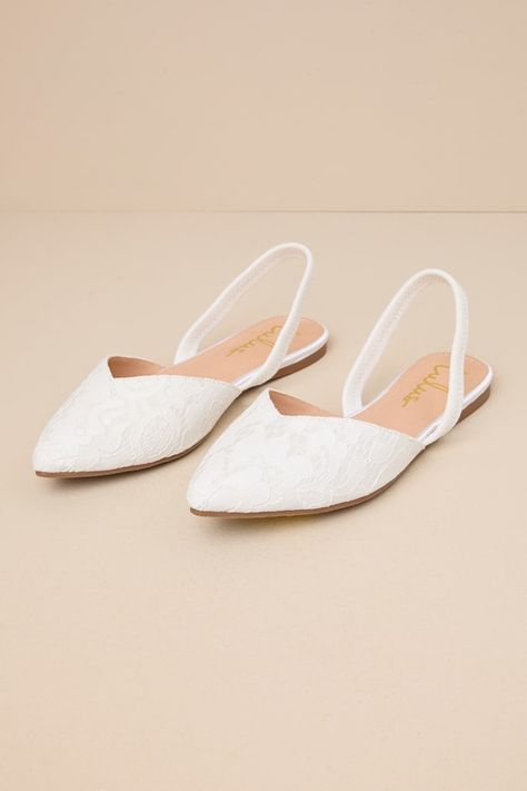 Step into style with the Lulus Mae White Lace Pointed-Toe Slingback Flats! These sweet cuties are the perfect blend of chic and sensible with their low-maintenance flat sole, comfortable elastic slingback strap, and cute notched pointed-toe upper composed of romantic floral lace. 0. 25" rubber heel. Lightly cushioned insole. Felted rubber sole has nonskid markings. Man made materials. Imported. Lulus | Mae White Lace Pointed-Toe Slingback Flats | Size 8.5. Comfortable Wedding Shoes For Bride Ballet Flats, White Bride Shoes, Flat Wedding Shoe, White Flat Wedding Shoes, Comfortable Wedding Shoes For Bride, Flat Wedding Shoes For Bride, White Wedding Shoes Flats, Bride Shoes Flats, Wedding Flat Shoes