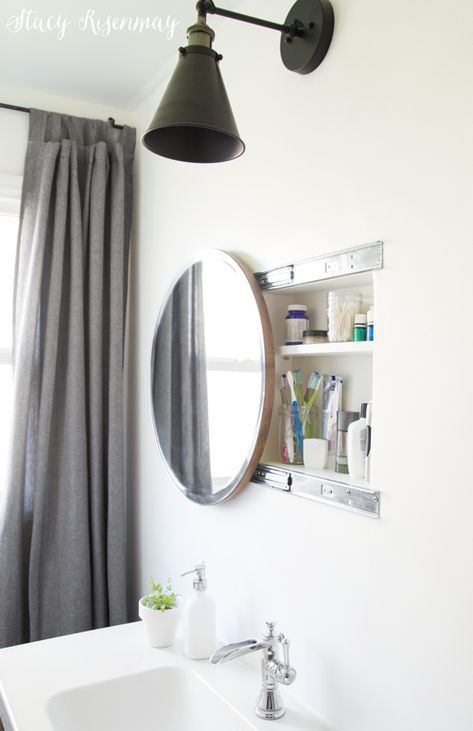 Round Sliding Bathroom Mirror | Stacy Risenmay #bathroommirror #mirrorwithstorage #storagemirror #bathroommedicinecabinet #medicinecabinet #roundmirror #roundbathroommirror #roundmedicinecabinet Sliding Mirror, To The Window, Bathroom Themes, Bathroom Mirror Cabinet, Storage Mirror, Upstairs Bathrooms, Green Bathroom, Round Mirror, Mirror Cabinets