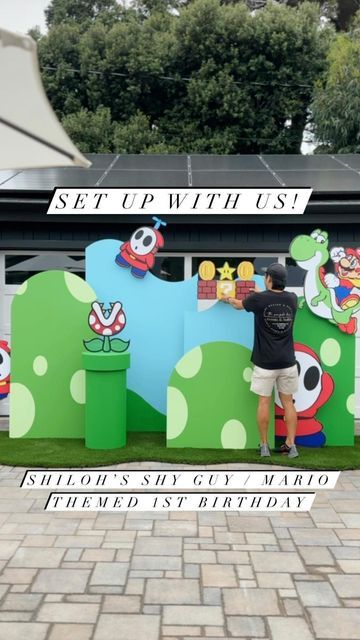 BALLOONS & RENTALS | Event Designer on Instagram: "Watch us set up Super Shiloh’s Shy Guy / Mario themed 1st birthday party backdrop ✨ Shiloh’s favorite character is Shy Guy so we focused the design on him by adding “more of him” which worked out perfectly. I’m not going to lie, I don’t play video games and in the years I did, Shy Guy did not exist LOL.. so after researching, Shy Guys are multiple minion like characters. Having more than one was spot on! Wow, videos cannot do justice for this Shy Guy Birthday Party, Super Mario Theme Birthday Party, Mario Backdrop Birthday Party Ideas, Super Mario Bros Backdrop, Super Mario Birthday Backdrop, Super Mario Party Backdrop, Mario Birthday Party Backdrop, Mario Party Backdrop, Shy Guy Mario