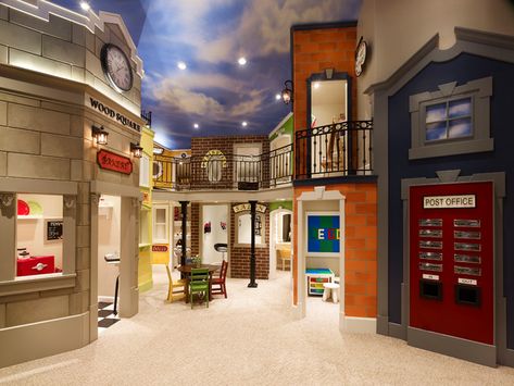 Small town in a basement in Utah. Good idea for my basement village when I get a big basement. Indoor Playhouse, Basement Playroom, Build A Playhouse, Playroom Design, Décor Boho, Custom Home Designs, Parade Of Homes, Indoor Playground, Best Interior Design